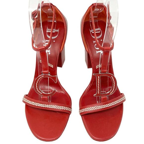 Dior 2005 Red Leather Logo Embroidered Block Heel Sandals- John Galliano Era - Picture 1 of 10